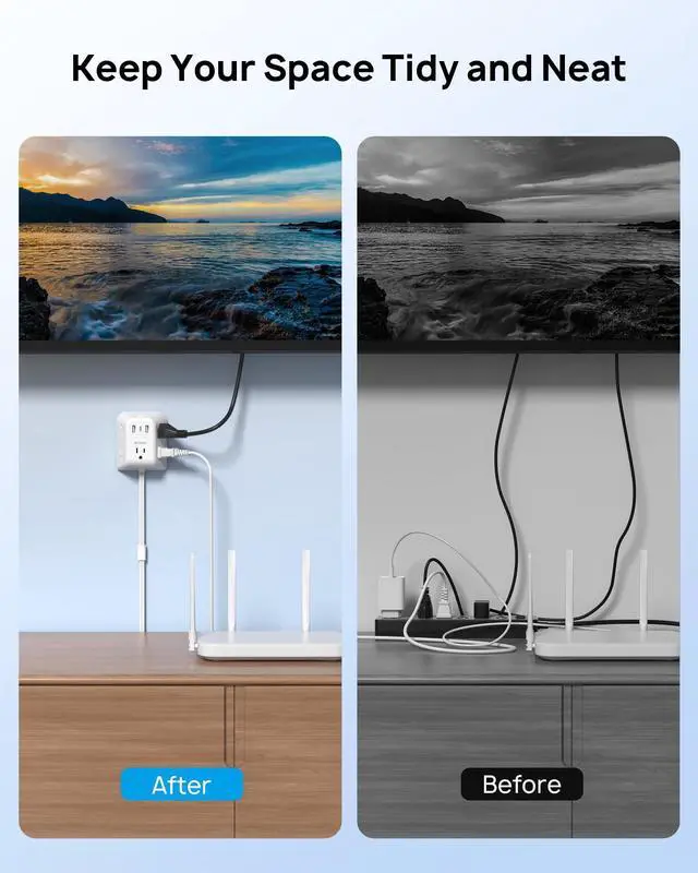 Alt view image 6 of 7 - 360 Rotating Plug Power Strip - Extension Cord with Multiple Outlets | 3 FT Surge Protector 5 Outlets with 3 USB Ports, 1440J, Wall Mount Power Strip for Bedroom Kitchen Office Dorm Room, White
