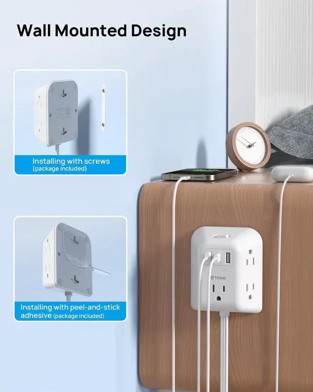 Alt view image 5 of 7 - 360 Rotating Plug Power Strip - Extension Cord with Multiple Outlets | 3 FT Surge Protector 5 Outlets with 3 USB Ports, 1440J, Wall Mount Power Strip for Bedroom Kitchen Office Dorm Room, White