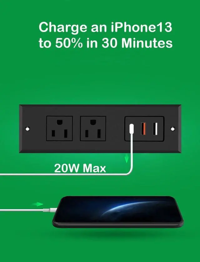 Alt view image 2 of 6 - Recessed Power Strip - Set of 2,20W Fast Charging USB C Port and 18W USB-A Ports.Flush Mount Desk Outlet,Furniture Hidden Charging Station for End Table,Flat Plug,6.5 ft Extension Cord,Black