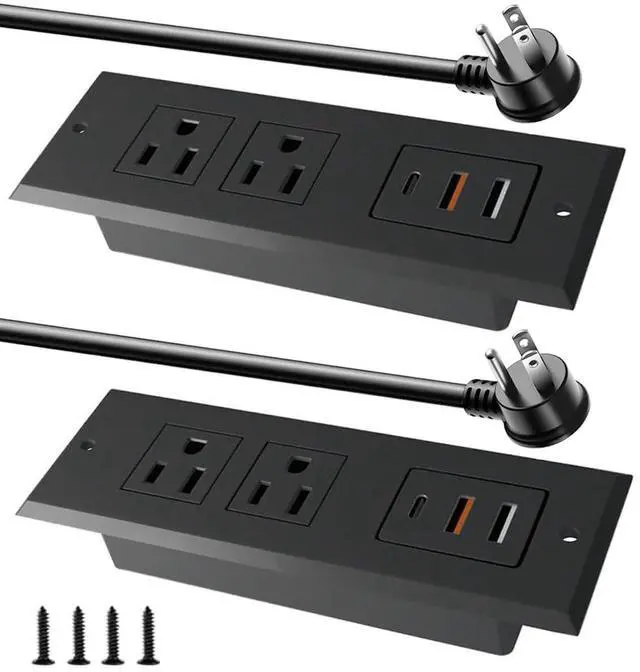 Main image of Recessed Power Strip - Set of 2,20W Fast Charging USB C Port and 18W USB-A Ports.Flush Mount Desk Outlet,Furniture Hidden Charging Station for End Table,Flat Plug,6.5 ft Extension Cord,Black