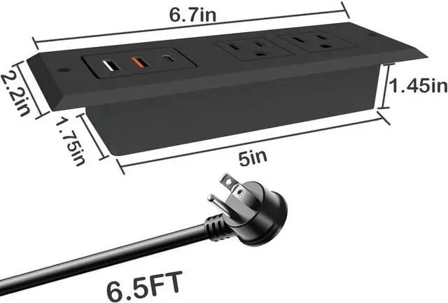 Alt view image 3 of 6 - Recessed Power Strip - Set of 2,20W Fast Charging USB C Port and 18W USB-A Ports.Flush Mount Desk Outlet,Furniture Hidden Charging Station for End Table,Flat Plug,6.5 ft Extension Cord,Black