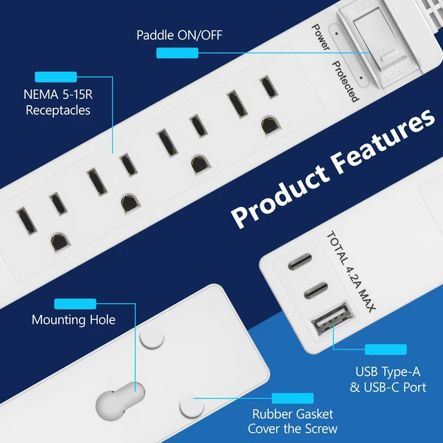 Alt view image 3 of 7 - Outlet Extender with 4 Receptacles, USB-A & 2 USB-C, 5ft Cord, 1250W | ETL Listed, 45 Degree Angle Flat-Plug, Matte White, 4-Outlet Power Strip, Surge Protector 1500 Joules, Ultra-Thin