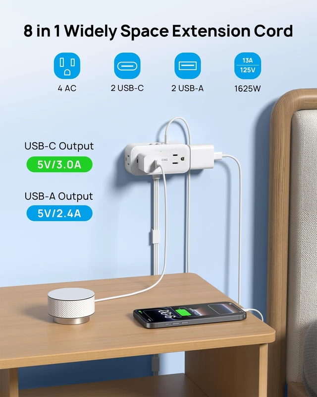 Alt view image 3 of 7 - 360° Rotating Flat Plug Short Extension Cord 3ft, 13A/1625W, White 4 AC & 4 USB, Low Profile Power Strip Mountable, 900J, Compact for Tight Spaces Hard Reach Outlet in Bedroom Home Office Dorm