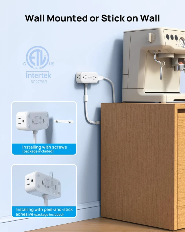 Alt view image 5 of 7 - 360° Rotating Flat Plug Short Extension Cord 3ft, 13A/1625W, White 4 AC & 4 USB, Low Profile Power Strip Mountable, 900J, Compact for Tight Spaces Hard Reach Outlet in Bedroom Home Office Dorm