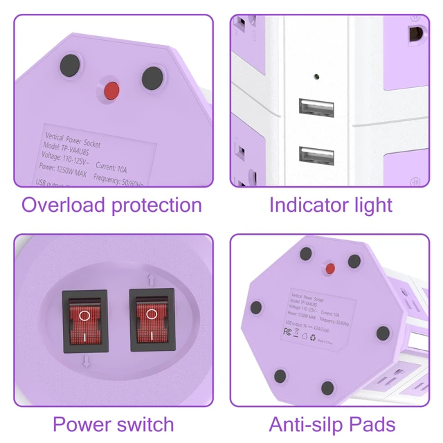 Alt view image 3 of 7 - Purple Tower Power Strip with 8 AC Outlets and 4 USB Ports, 1050J Overload Protection, 16AWG 15 Ft Flat Plug Extension Cord, Space Saving Vertical Design for Home Office and Dorm Room