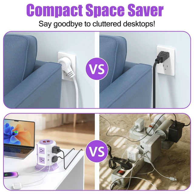 Alt view image 6 of 7 - Purple Tower Power Strip with 8 AC Outlets and 4 USB Ports, 1050J Overload Protection, 16AWG 15 Ft Flat Plug Extension Cord, Space Saving Vertical Design for Home Office and Dorm Room