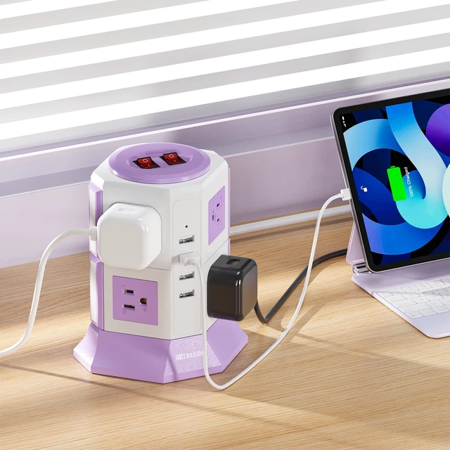Alt view image 5 of 7 - Purple Tower Power Strip with 8 AC Outlets and 4 USB Ports, 1050J Overload Protection, 16AWG 15 Ft Flat Plug Extension Cord, Space Saving Vertical Design for Home Office and Dorm Room
