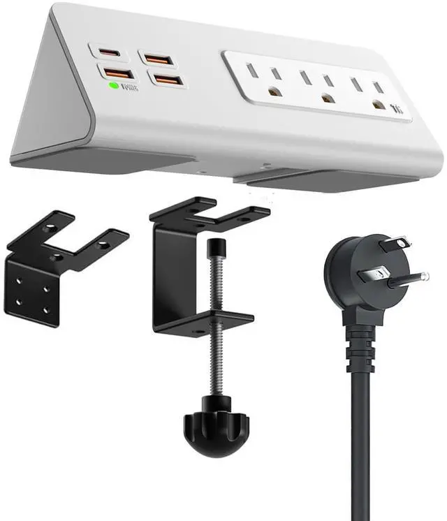 Main image of Power Charge Station Edge clamp Mount with USB-C PortsTabletop Surge Protector, Desk Clamp Power Sockets with 3 AC Outlets and 4 Fast Charging USB Ports for Home Office Hotel and Dormitory (White)