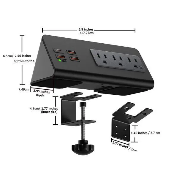 Alt view image 3 of 7 - Power Charge Station Edge clamp Mount with USB-C PortsTabletop Surge Protector, Desk Clamp Power Sockets with 3 AC Outlets and 4 Fast Charging USB Ports for Home Office Hotel and Dormitory (White)