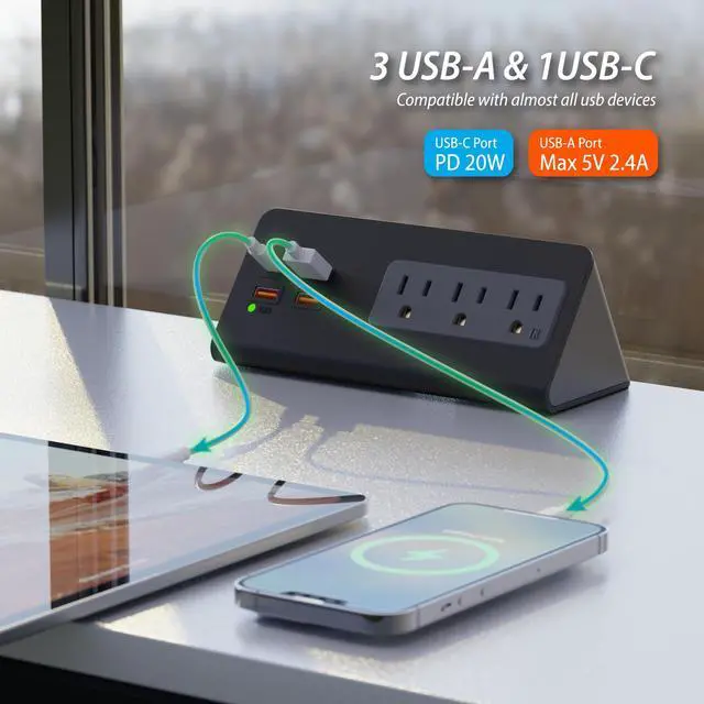 Alt view image 3 of 7 - Upgraded Version Edge Mount Power Strip with USB-C Ports Tabletop Surge Protector Desk Clamp Power Sockets with 3 AC Outlets &4 Fast Charging USB Ports for Home Office Hotel Dormitory (Black - 1pack)