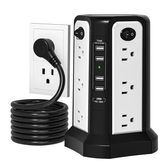 Main image of Surge Protector Power Strip Tower with PD18W USB C Port, Charging Tower with 5 USB, 10FT Extension Cord with 12 AC Multiple Outlets, Overload Protection for Home Office Dorm Room