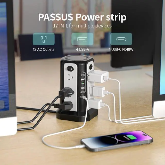 Alt view image 3 of 7 - Surge Protector Power Strip Tower with PD18W USB C Port, Charging Tower with 5 USB, 10FT Extension Cord with 12 AC Multiple Outlets, Overload Protection for Home Office Dorm Room