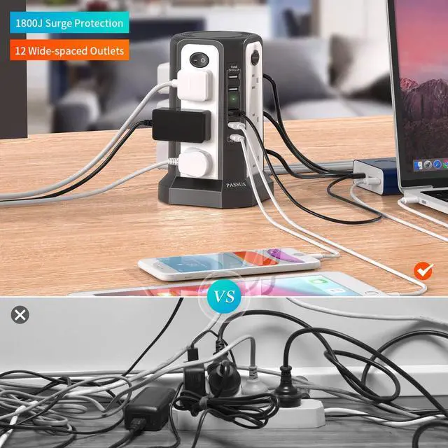 Alt view image 5 of 7 - Surge Protector Power Strip Tower with PD18W USB C Port, Charging Tower with 5 USB, 10FT Extension Cord with 12 AC Multiple Outlets, Overload Protection for Home Office Dorm Room
