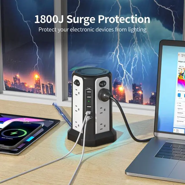 Alt view image 4 of 7 - Surge Protector Power Strip Tower with PD18W USB C Port, Charging Tower with 5 USB, 10FT Extension Cord with 12 AC Multiple Outlets, Overload Protection for Home Office Dorm Room