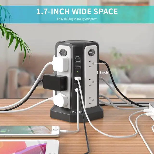 Alt view image 6 of 7 - Surge Protector Power Strip Tower with PD18W USB C Port, Charging Tower with 5 USB, 10FT Extension Cord with 12 AC Multiple Outlets, Overload Protection for Home Office Dorm Room