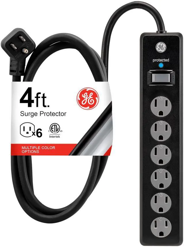 Main image of Surge Protector Power Strip, 4 Ft Extension Cord, 6 Outlet Extender | 800 Joules, Flat Plug, Wall Mount, Twist-to-Close Safety Covers, ETL Safety Listed, Black, 33659