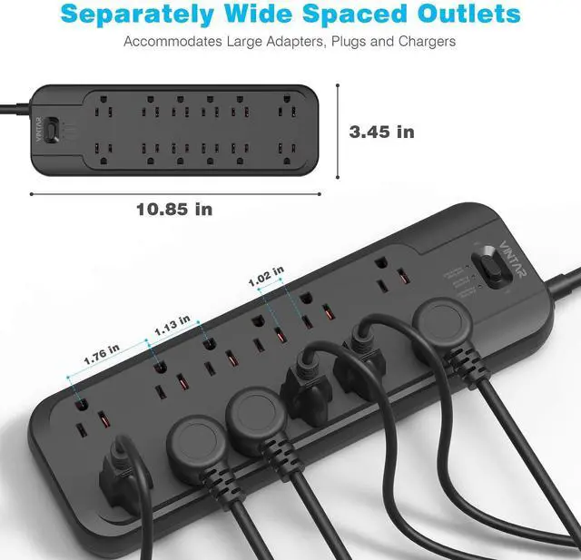 Alt view image 5 of 7 - Power Strip Surge Protector with 12 AC Outlets, 1875W Output, 10FT Long Extension Cord Flat Plug with Dual Surge Protection (2 × 4800 Joules) for Office, Home, ETL Listed, Black