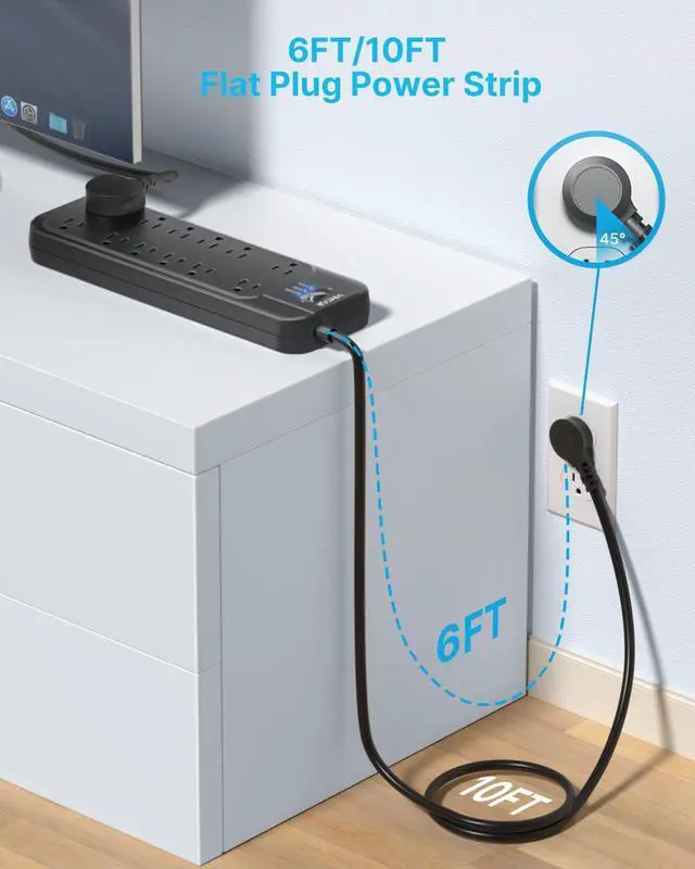 Alt view image 6 of 7 - Power Strip Surge Protector with 12 AC Outlets, 1875W Output, 10FT Long Extension Cord Flat Plug with Dual Surge Protection (2 × 4800 Joules) for Office, Home, ETL Listed, Black
