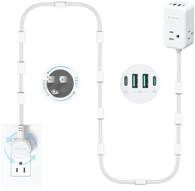 Main image of Electrical Outlet Extender 360° Rotating Plug with 20W USB C, 10ft Long Extension Cord, Wall Plug Adapter with 3 AC Outlets, Access Hard-to-Reach Outlets Use Behind Couches, Desk, White