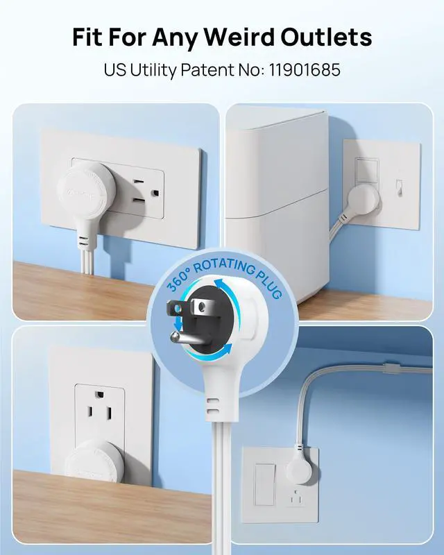 Alt view image 5 of 7 - Electrical Outlet Extender 360° Rotating Plug with 20W USB C, 36in Short Extension Cord, Wall Plug Adapter with 3 AC Outlets, Access Hard-to-Reach Outlets Use Behind Couches, Desk, White