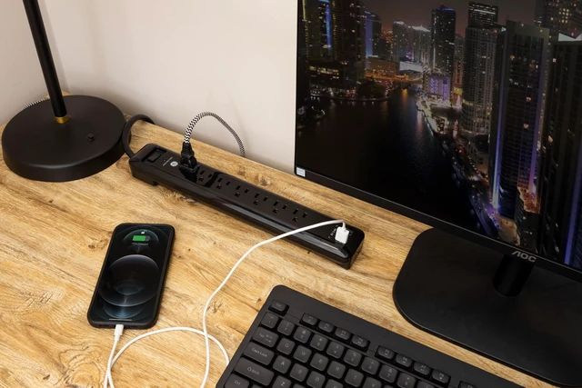 Alt view image 3 of 6 - Sur Protector Power Strip with 2 USB Ports, 4 Ft Extension Cord 7 Outlet Extender, 1500 Joules, Flat Plug, Wall Mount, Circuit Breaker, UL Safety Listed, Black, 40482