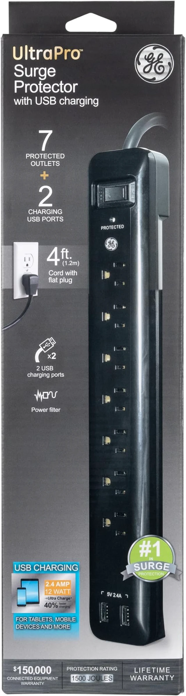 Alt view image 6 of 6 - Sur Protector Power Strip with 2 USB Ports, 4 Ft Extension Cord 7 Outlet Extender, 1500 Joules, Flat Plug, Wall Mount, Circuit Breaker, UL Safety Listed, Black, 40482