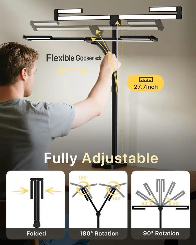 Alt view image 2 of 7 - 42" LED Desk Lamp for Home Office, Eye-Caring Desk Light with Adjustable 4-Segment Bar, 1800LM Bright, Remote, Architect Table Lamp with Base for Dual Monitors, Reading, Study, Workbench(Black)