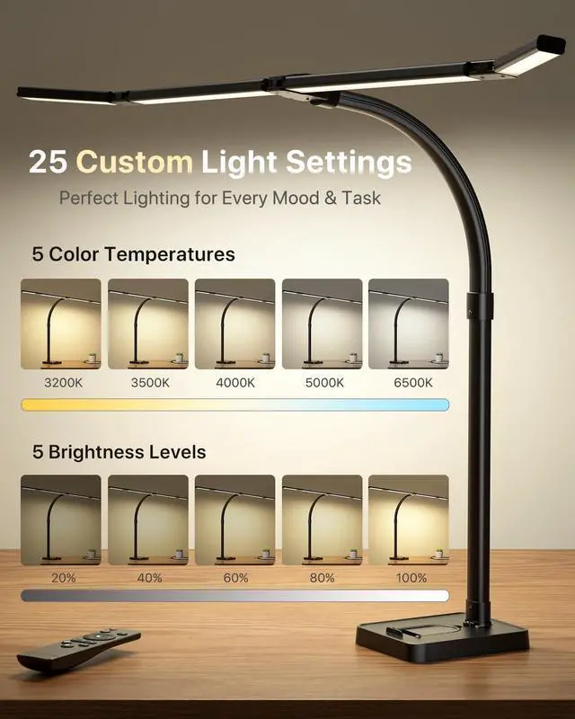 Alt view image 7 of 7 - 42" LED Desk Lamp for Home Office, Eye-Caring Desk Light with Adjustable 4-Segment Bar, 1800LM Bright, Remote, Architect Table Lamp with Base for Dual Monitors, Reading, Study, Workbench(Black)