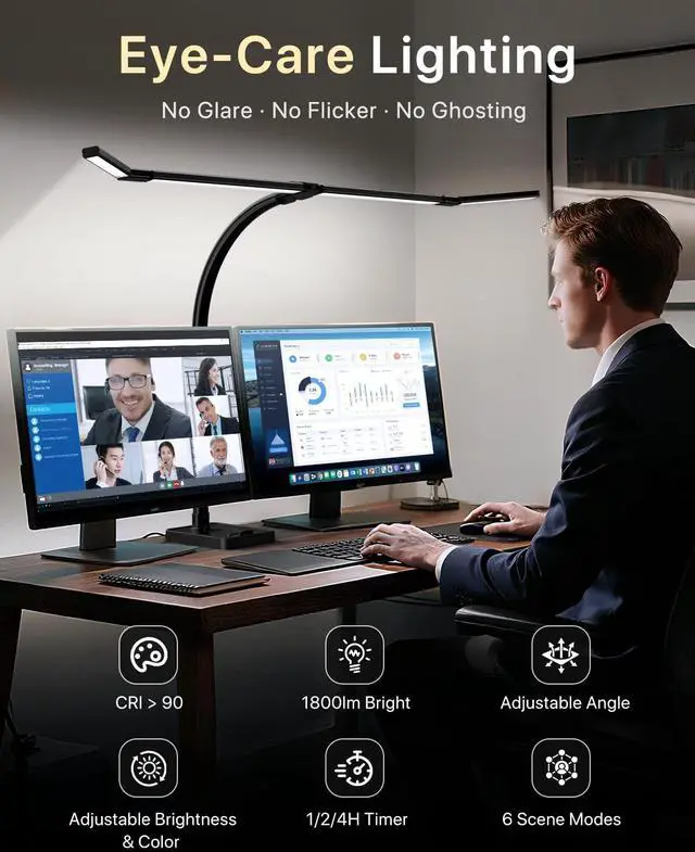 Alt view image 5 of 7 - 42" LED Desk Lamp for Home Office, Eye-Caring Desk Light with Adjustable 4-Segment Bar, 1800LM Bright, Remote, Architect Table Lamp with Base for Dual Monitors, Reading, Study, Workbench(Black)
