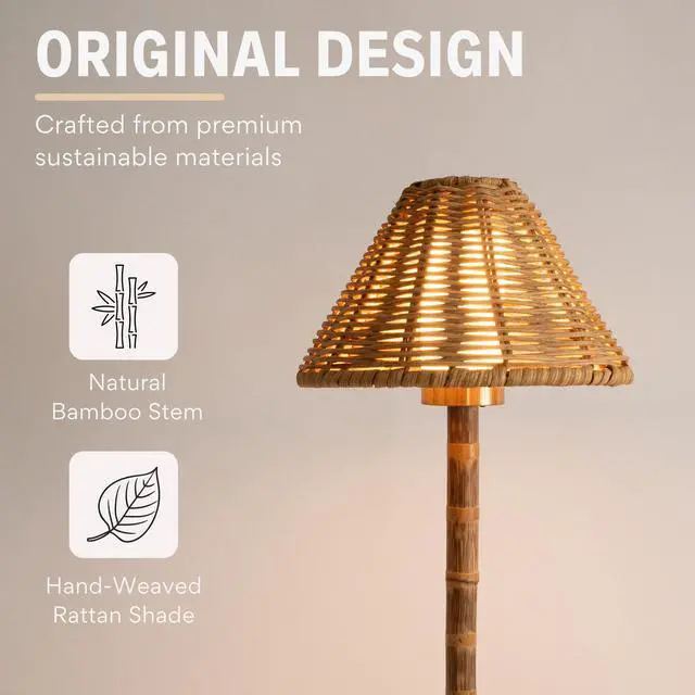 Alt view image 2 of 7 - Bamboo Cordless LED Table Lamp Rechargeable 24-Hour Battery, Dimmable Warm Light, 15" Portable Wireless Lamp with Remote for Indoor/Outdoor Use, Home, Patio, Restaurant Natural Rattan