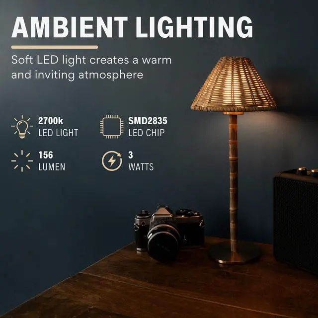 Alt view image 3 of 7 - Bamboo Cordless LED Table Lamp Rechargeable 24-Hour Battery, Dimmable Warm Light, 15" Portable Wireless Lamp with Remote for Indoor/Outdoor Use, Home, Patio, Restaurant Natural Rattan