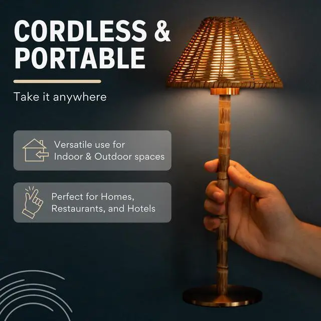 Alt view image 4 of 7 - Bamboo Cordless LED Table Lamp Rechargeable 24-Hour Battery, Dimmable Warm Light, 15" Portable Wireless Lamp with Remote for Indoor/Outdoor Use, Home, Patio, Restaurant Natural Rattan