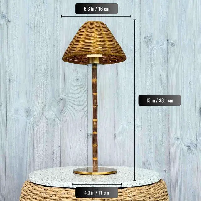 Alt view image 5 of 7 - Bamboo Cordless LED Table Lamp Rechargeable 24-Hour Battery, Dimmable Warm Light, 15" Portable Wireless Lamp with Remote for Indoor/Outdoor Use, Home, Patio, Restaurant Natural Rattan
