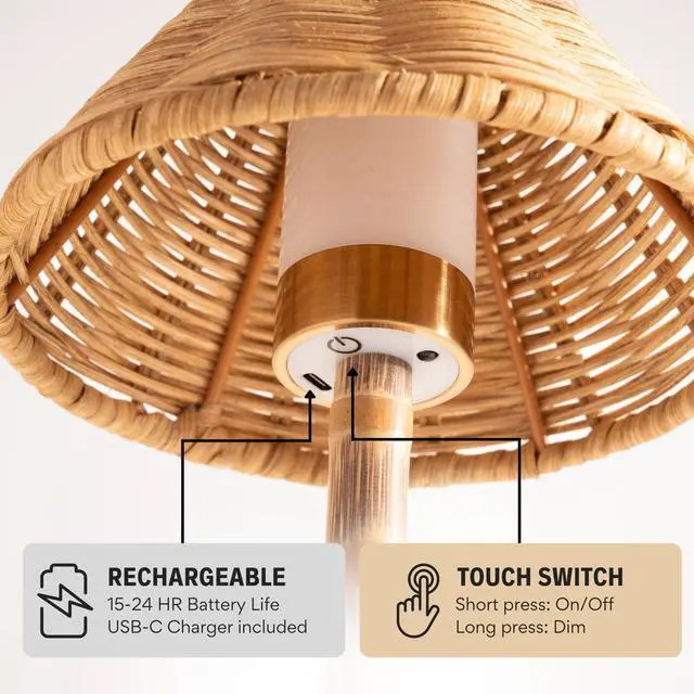 Alt view image 6 of 7 - Bamboo Cordless LED Table Lamp Rechargeable 24-Hour Battery, Dimmable Warm Light, 15" Portable Wireless Lamp with Remote for Indoor/Outdoor Use, Home, Patio, Restaurant Natural Rattan