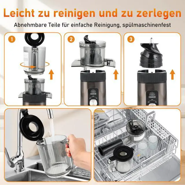 Alt view image 6 of 6 - Cold Press Juicer - Juicer Machines with 4.3" Wide Feed Chute, 34oz Slow Masticating Juicer for Fruits and Vegetables, 99% High Juice Yield, Reverse Function, Dishwasher Safe