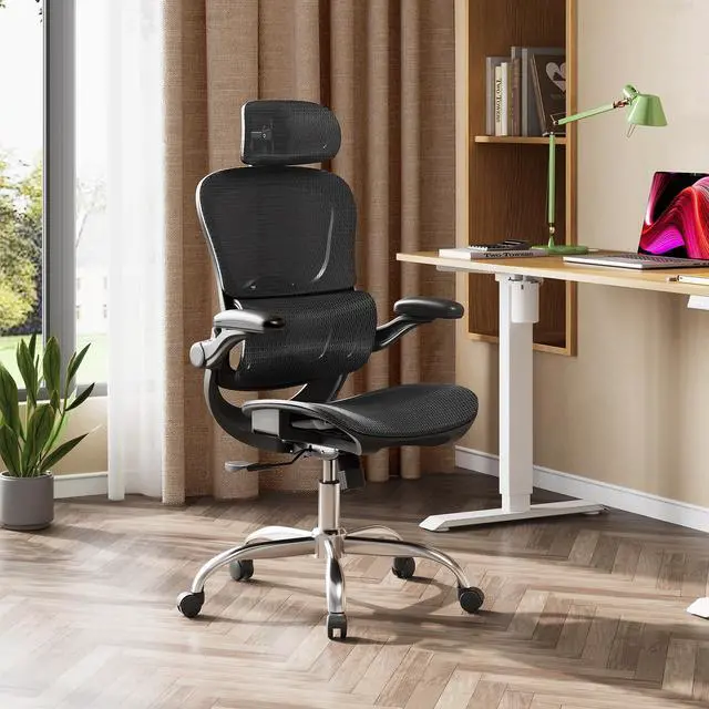 Alt view image 2 of 7 - Ergonomic Mesh Home Office Desk Chair with Lumbar Support, High Back Reclining Computer Gaming Chair with Flip-up Armrests, 3D Headrest, Tilt Lock, Heavy Duty, SGS Class 4 Gas Lift, Black