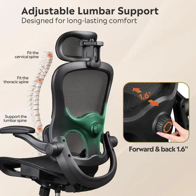 Alt view image 4 of 7 - Ergonomic Mesh Home Office Desk Chair with Lumbar Support, High Back Reclining Computer Gaming Chair with Flip-up Armrests, 3D Headrest, Tilt Lock, Heavy Duty, SGS Class 4 Gas Lift, Black