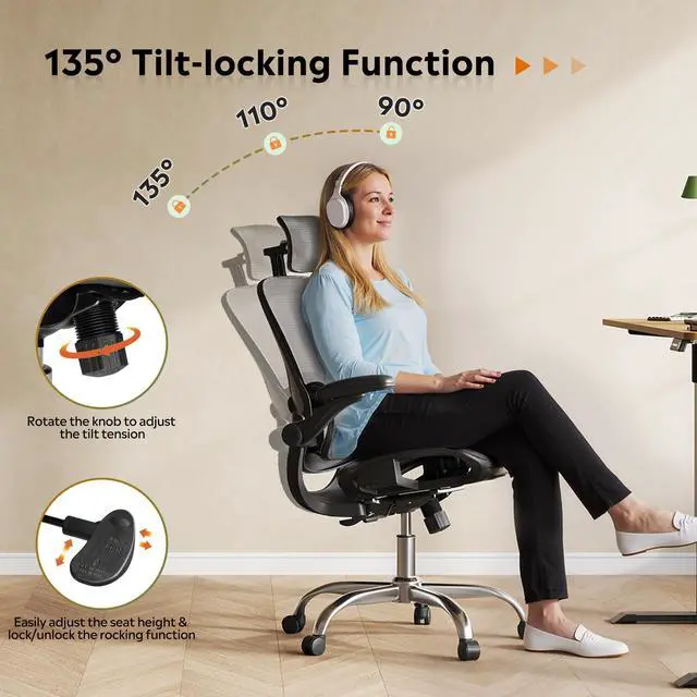 Alt view image 5 of 7 - Ergonomic Mesh Home Office Desk Chair with Lumbar Support, High Back Reclining Computer Gaming Chair with Flip-up Armrests, 3D Headrest, Tilt Lock, Heavy Duty, SGS Class 4 Gas Lift, Black