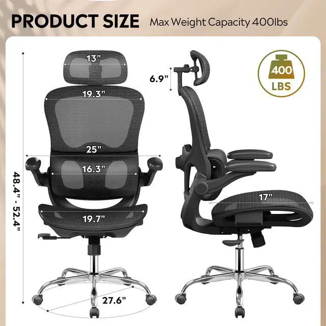 Alt view image 7 of 7 - Ergonomic Mesh Home Office Desk Chair with Lumbar Support, High Back Reclining Computer Gaming Chair with Flip-up Armrests, 3D Headrest, Tilt Lock, Heavy Duty, SGS Class 4 Gas Lift, Black