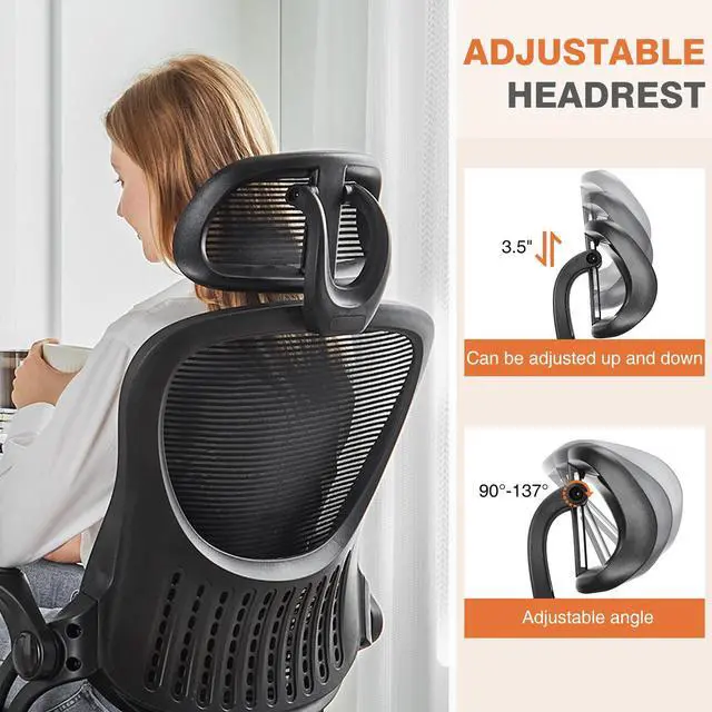 Alt view image 2 of 7 - Office Computer Desk Chair, Ergonomic High-Back Mesh Rolling Work Chairs with Wheels and Adjustable Headrests, Comfortable Lumbar Support, Comfy Flip-up Arms for Home,Bedroom,Study, Black