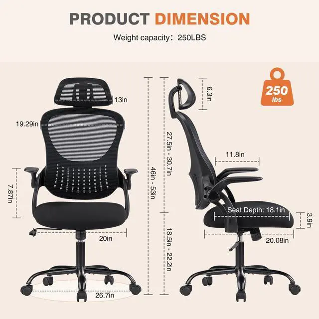 Alt view image 5 of 7 - Office Computer Desk Chair, Ergonomic High-Back Mesh Rolling Work Chairs with Wheels and Adjustable Headrests, Comfortable Lumbar Support, Comfy Flip-up Arms for Home,Bedroom,Study, Black