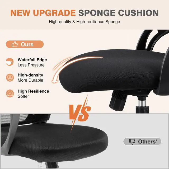 Alt view image 3 of 7 - Office Computer Desk Chair, Ergonomic High-Back Mesh Rolling Work Chairs with Wheels and Adjustable Headrests, Comfortable Lumbar Support, Comfy Flip-up Arms for Home,Bedroom,Study, Black