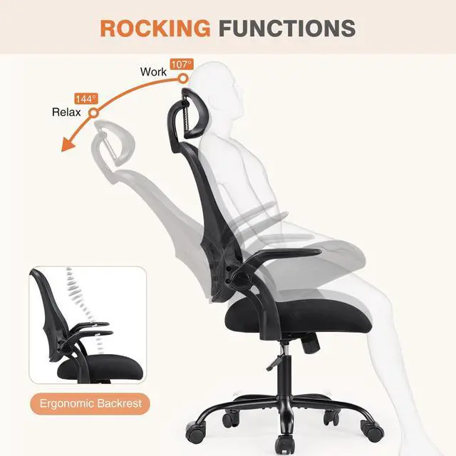 Alt view image 4 of 7 - Office Computer Desk Chair, Ergonomic High-Back Mesh Rolling Work Chairs with Wheels and Adjustable Headrests, Comfortable Lumbar Support, Comfy Flip-up Arms for Home,Bedroom,Study, Black