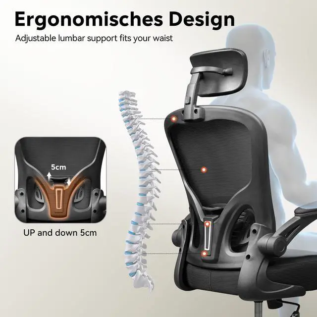 Alt view image 2 of 7 - Office Chair High Back Mesh Ergonomic Desk Chair with Flip-up Armrests, Adjustable Headrest and Lumbar Support, Black