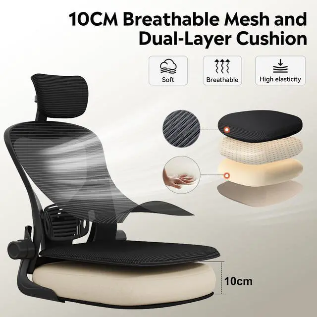 Alt view image 5 of 7 - Office Chair High Back Mesh Ergonomic Desk Chair with Flip-up Armrests, Adjustable Headrest and Lumbar Support, Black