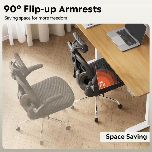 Alt view image 4 of 7 - Office Chair High Back Mesh Ergonomic Desk Chair with Flip-up Armrests, Adjustable Headrest and Lumbar Support, Black