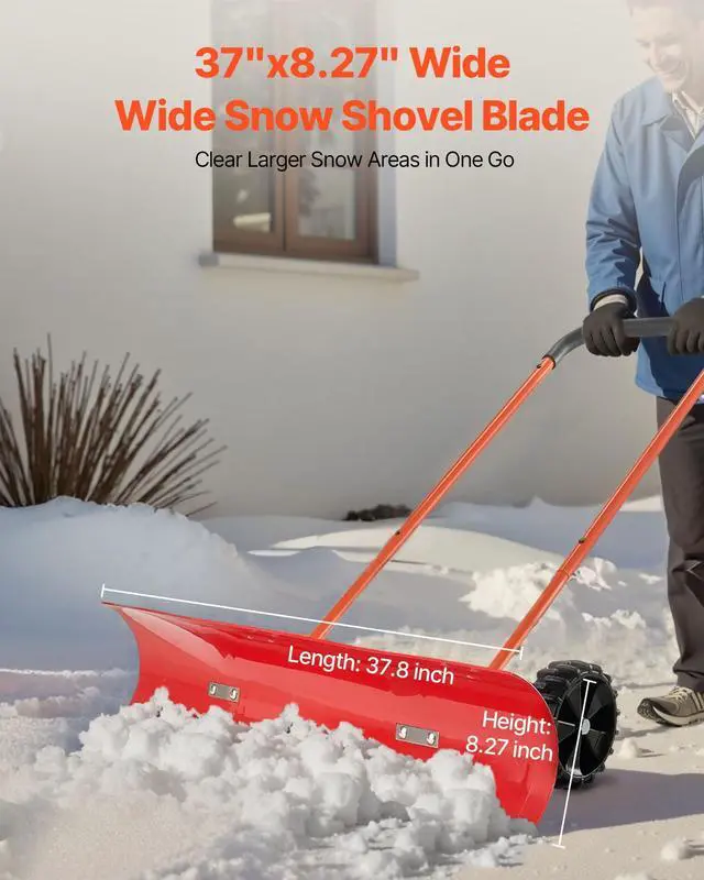 Alt view image 2 of 7 - 38-inch Snow Pusher Shovel with Wheels, Bi-Directional Heavy Duty Wheeled Push Snow Shovel for Driveway and Sidewalks with Angeled Blade