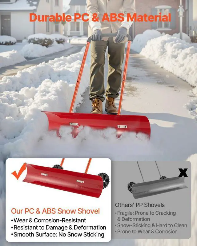 Alt view image 3 of 7 - 38-inch Snow Pusher Shovel with Wheels, Bi-Directional Heavy Duty Wheeled Push Snow Shovel for Driveway and Sidewalks with Angeled Blade
