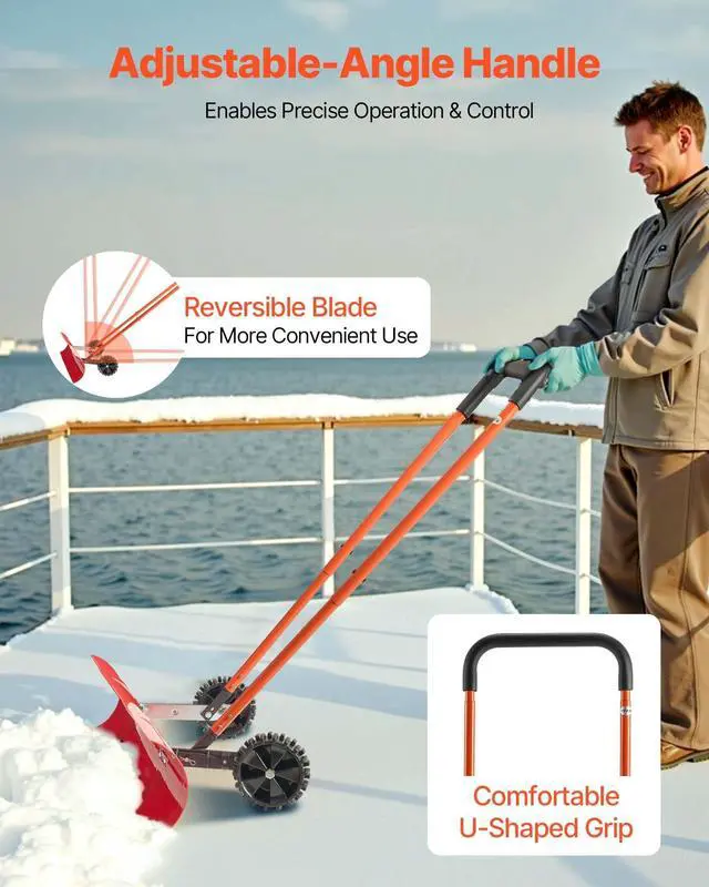 Alt view image 4 of 7 - 38-inch Snow Pusher Shovel with Wheels, Bi-Directional Heavy Duty Wheeled Push Snow Shovel for Driveway and Sidewalks with Angeled Blade