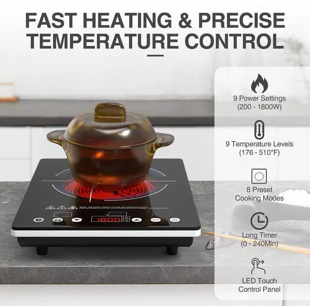 Alt view image 5 of 7 - Electric Cooktop,110V Electric Stove Top,Single Burner LED Touch Control,9 Power Levels, Kids Lock &Timer,Overheat Protection,1800W Portable Induction Cooktop.